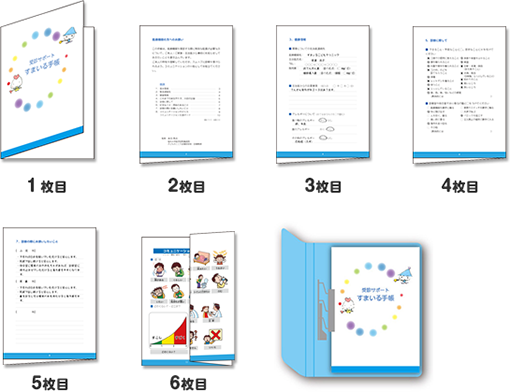 A4サイズの紙を使って『受診サポート すまいる手帳』を印刷します。印刷した面が外側になるように、1～5枚目までのページを２つ折りにします。6枚目の「コミュニケーション支援ボード」は印刷した面を内側に２つ折りした後、右ページを外側に折り返します。１枚目の表紙ページの間に２～６枚目をはさみ、A5サイズのバインダーにとじたら、完成！