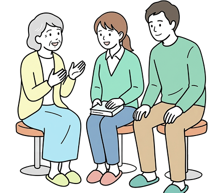 3人の男女が椅子に座って笑顔で会話しているイラスト