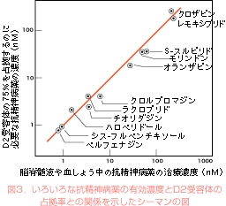 図3．いろいろな抗精神病薬の有効濃度とD2受容体の占拠率との関係を示したシーマンの図